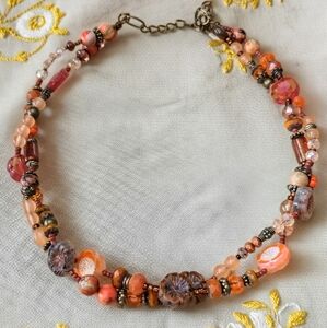Nature's Orange Flowers Wrapped Like A Wreath Necklace In Gold Plated Or Brass